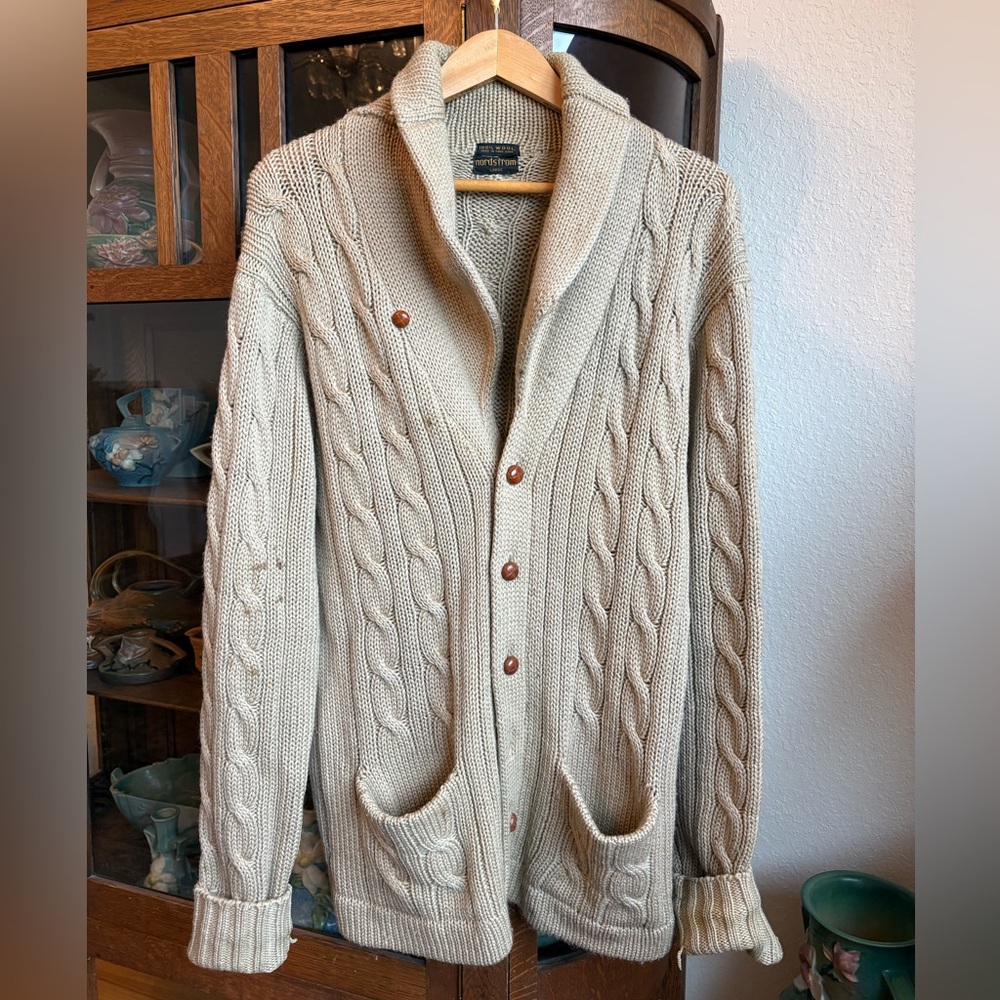 Nordstrom Vintage Cable Knit Cardigan Mens Sweater Camel Color Size Large